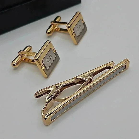 Christian Dior CD Logo Bullet Back Gold and Silver Tone Cufflinks with Tie bar - Picture 1 of 5